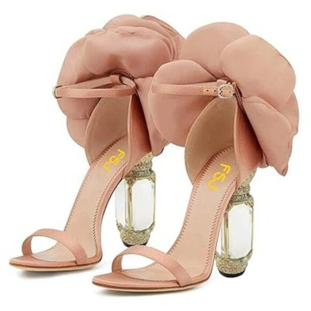 FSJ Blush Floral Ankle-Strap Sandals with Crystal-Embellished Gold Block Heels